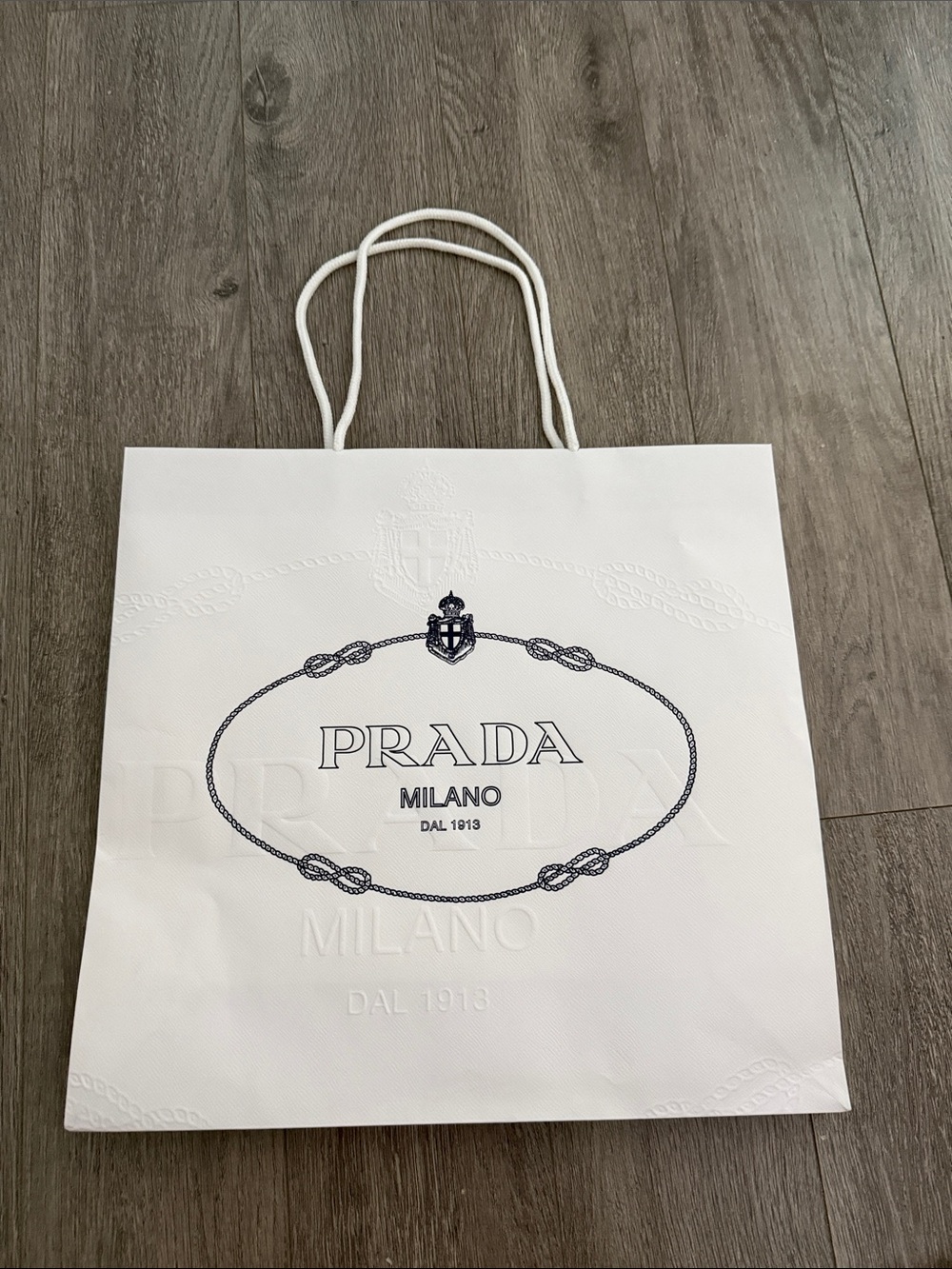 Authentic New Prada White Shopping Bag with Navy Logo